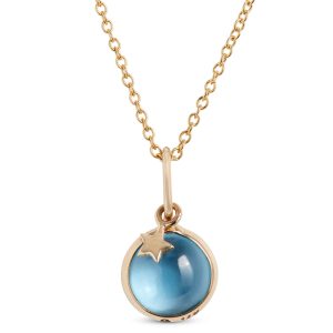 Lisa Bridge Round Blue Topaz Pendant Necklace with Star Overlay, 14K Yellow Gold