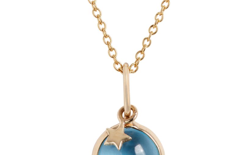 Lisa Bridge Round Blue Topaz Pendant Necklace with Star Overlay, 14K Yellow Gold